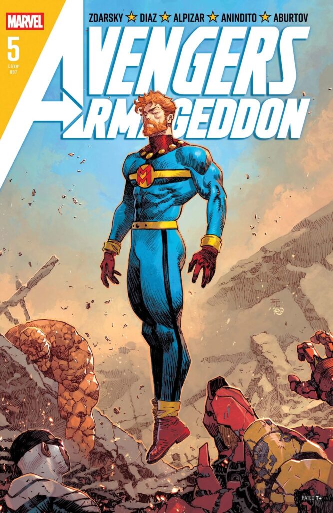 Capa principal oficial de Avengers: Armageddon #5, de Dike Ruan: David Colton, com o uniforme azul do Miracleman, flutua sobre heróis caídos numa cidade em ruínas