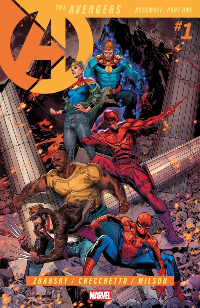 Capa oficial de Avengers #1 (2026), de Marco Checchetto: Miracleman, Capitã Marvel, Demolidor, Luke Cage, Wolverine e Homem-Aranha sobre ruínas