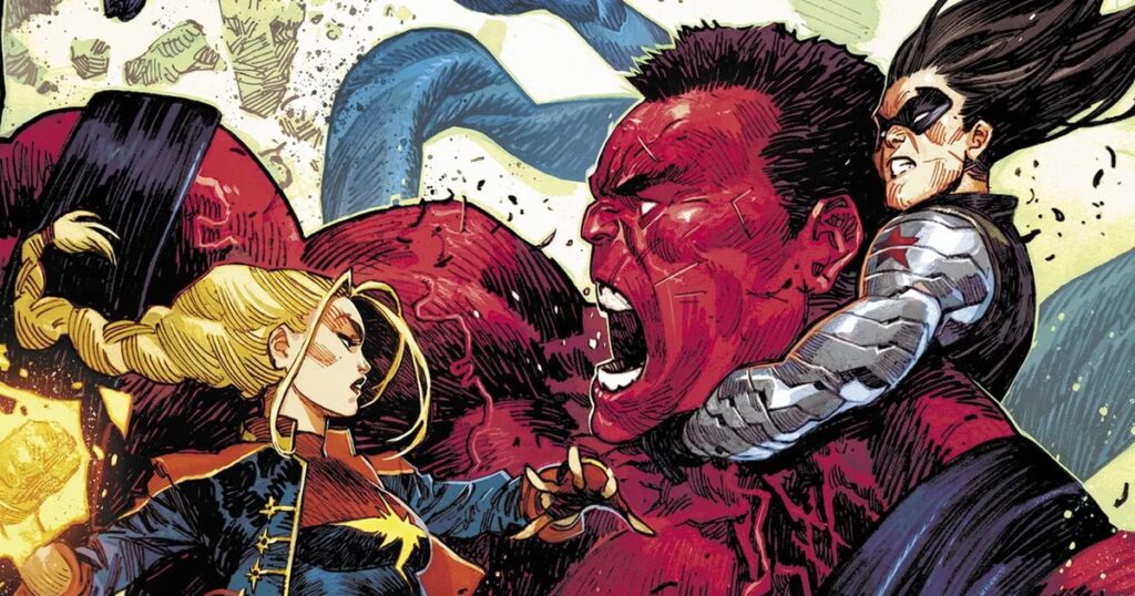 Bucky Barnes, o Soldado Invernal, agarra o Hulk Vermelho pelo pescoço com o braço de metal enquanto a Capitã Marvel ataca, na arte de capa oficial de Avengers: Armageddon #4, de Dike Ruan