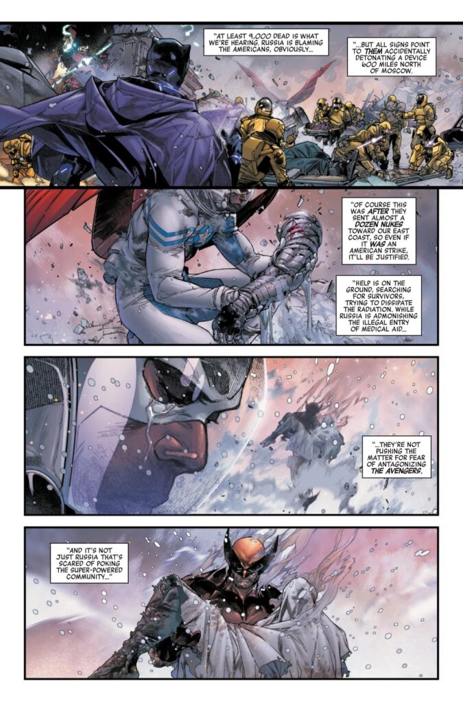 Página oficial da prévia de Avengers: Armageddon #5: Pantera Negra e equipes de resgate nos escombros, Sam Wilson segura o braço de metal de Bucky e Wolverine carrega o que restou do herói na neve