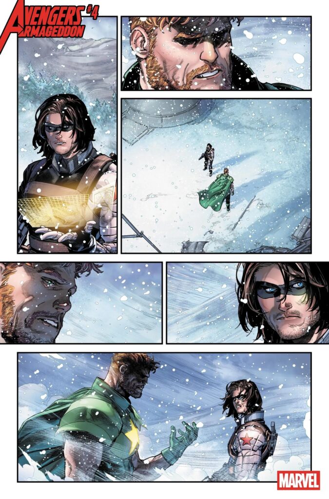 Página oficial da prévia de Avengers: Armageddon #4: Bucky Barnes, de máscara e braço de metal, conversa na neve com David Colton, de capa verde