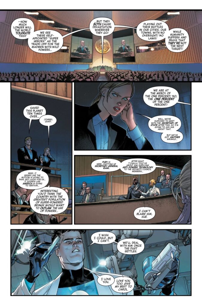 Página oficial da prévia de Avengers: Armageddon #5: sessão da ONU discute proibir o uso de superpoderes, enquanto Sue e Johnny Storm acompanham do plenário