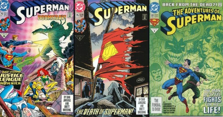 Capas de Superman nº 74, Superman nº 75 (A Morte do Superman) e Adventures of Superman nº 500, lado a lado