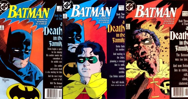 Capas de Batman nº 426, nº 427 e nº 428, a saga Uma Morte na Família, lado a lado