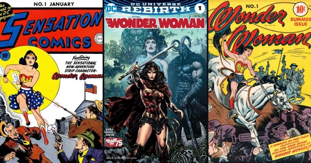 Capas de Sensation Comics nº 1, Wonder Woman: Rebirth nº 1 e Wonder Woman nº 1 (1942), lado a lado