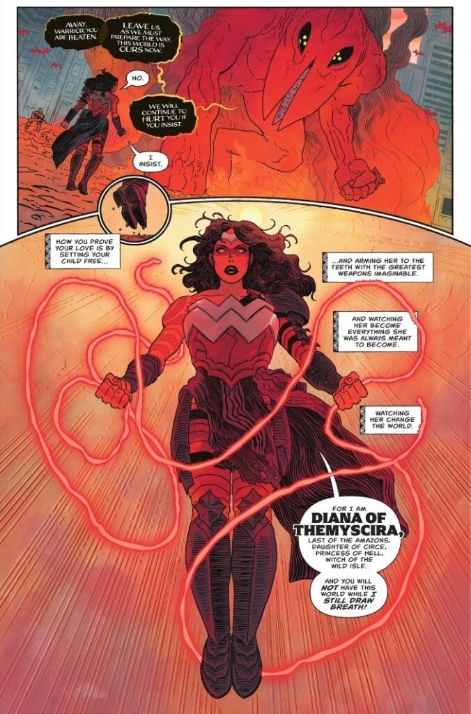 Página de Absolute Wonder Woman em que Diana, de armadura escura e com o laço vermelho brilhando ao redor do corpo, se apresenta como Diana de Themyscira diante de um monstro vermelho