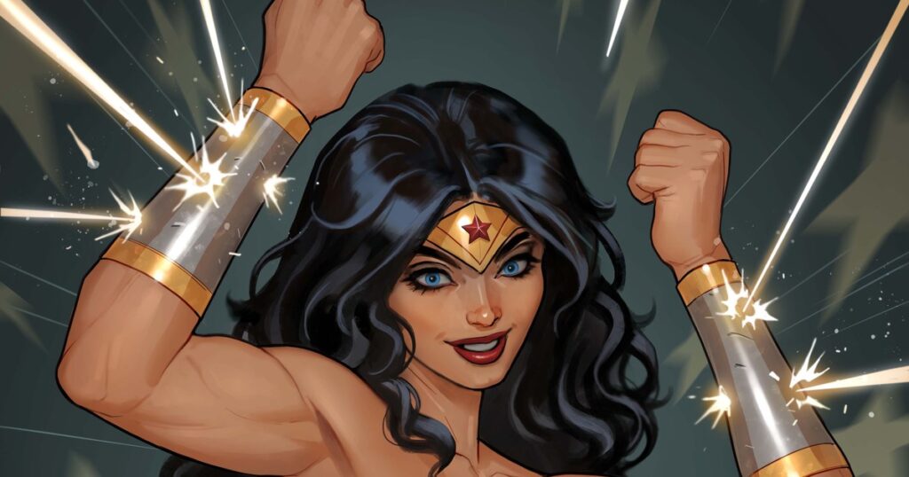 Mulher-Maravilha sorri com os punhos erguidos e os braceletes dourados brilhando, sobre um fundo de estrelas, na capa variante de David Nakayama para Wonder Woman #41