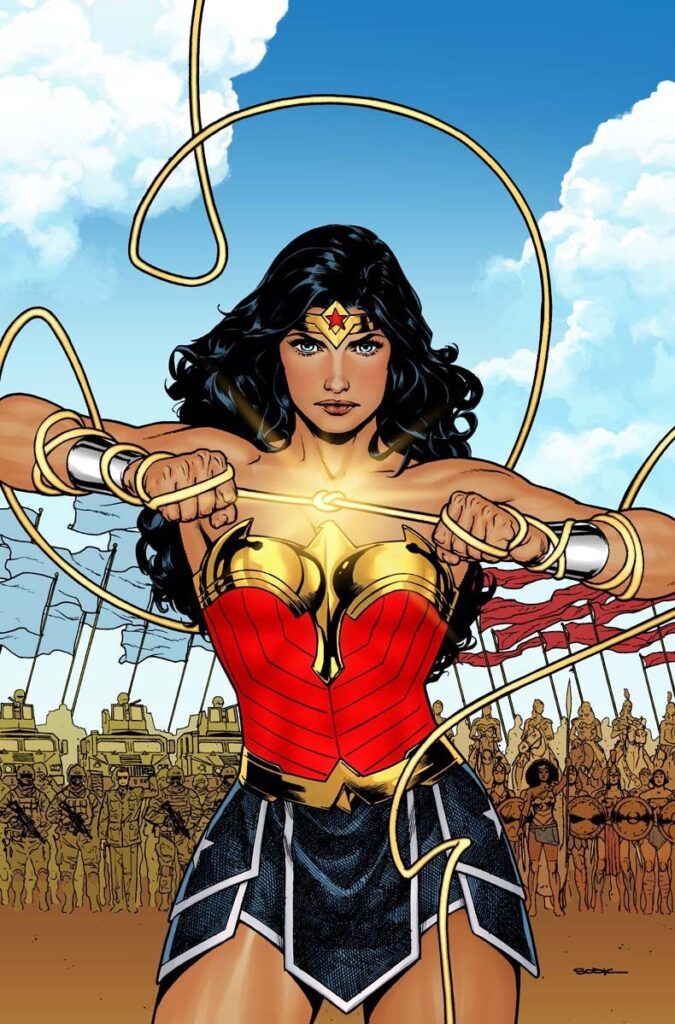 Mulher-Maravilha estica o Laço da Verdade entre as mãos, de frente, com um exército de amazonas e estandartes ao fundo, na capa principal de Ryan Sook para Wonder Woman #41