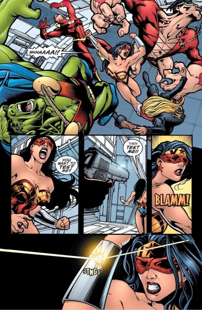 Página da fase de Greg Rucka em que a Mulher-Maravilha, cega e com uma venda nos olhos, enfrenta vários inimigos ao mesmo tempo