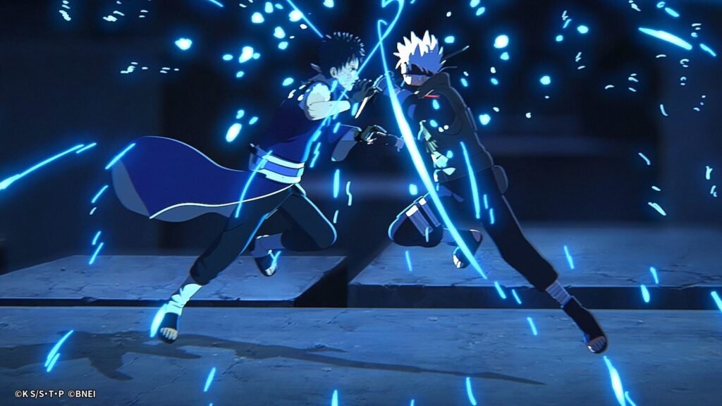 Dois ninjas se enfrentam numa batalha iluminada por faíscas azuis no trailer de Naruto Mobile