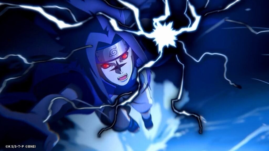 Ninja envolto em raios azuis dispara um golpe elétrico no trailer de Naruto Mobile