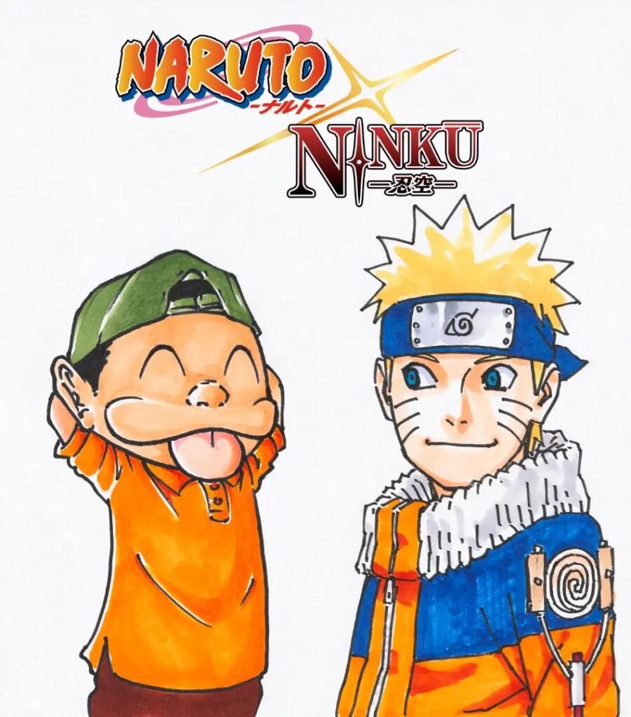 Fūsuke, de boné verde e língua de fora, ao lado de Naruto sorridente, sob o logotipo NARUTO×NINKŪ
