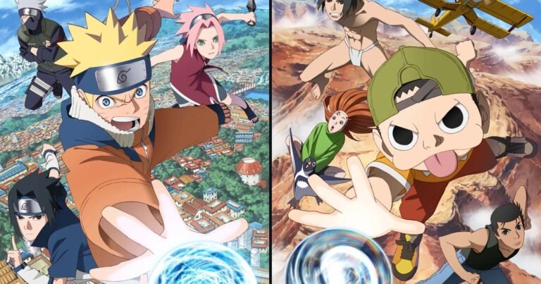 Naruto com o Rasengan, ao lado de Sasuke, Sakura e Kakashi, e Fūsuke com uma esfera de ar girando na mão, nas duas metades da arte oficial do anime NARUTO×NINKŪ