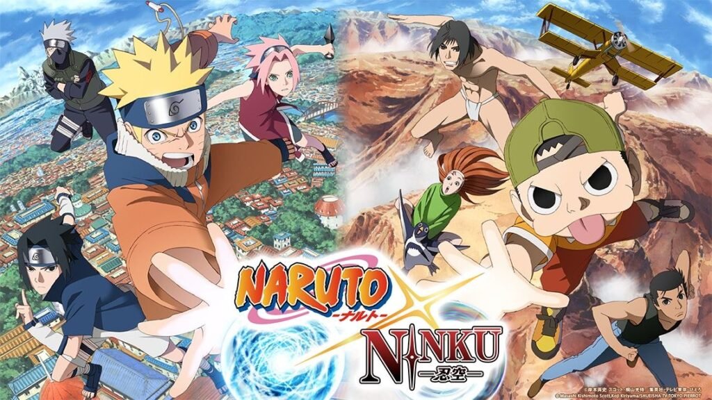 Naruto, Sasuke, Sakura e Kakashi de um lado e Fūsuke com a turma do Ninkū do outro, na arte do Anime NARUTO×NINKŪ mostrada no painel da NYCC