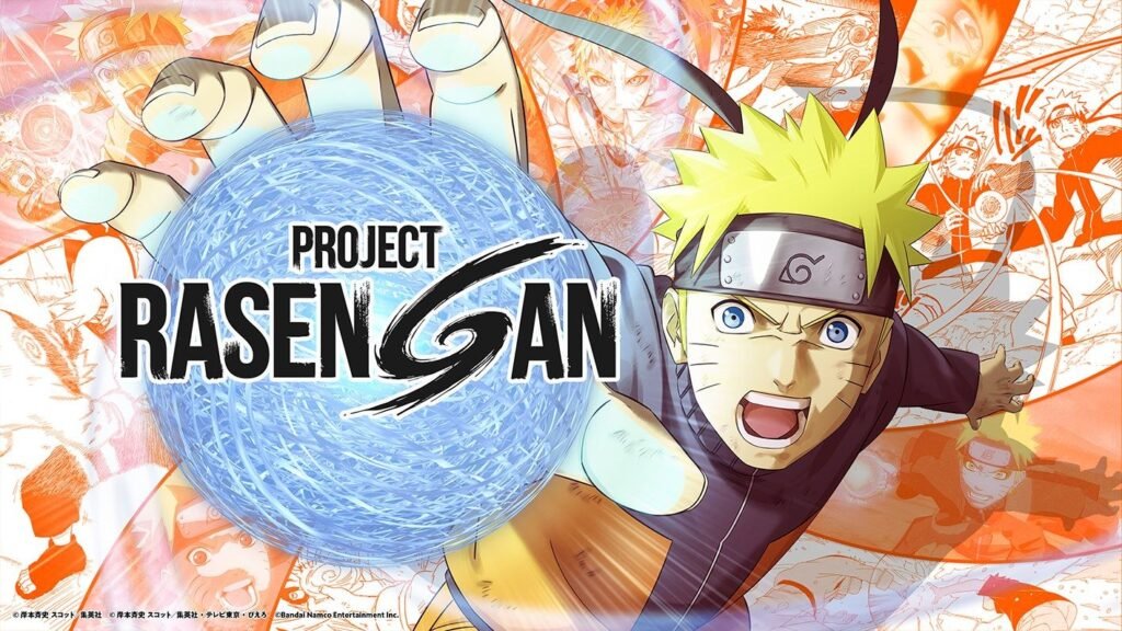 Naruto com o Rasengan na mão, em meio a redemoinhos laranja, ao lado do logotipo PROJECT RASENGAN