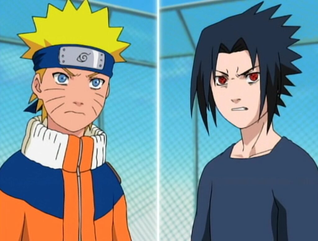 Naruto e Sasuke se encaram antes da luta no telhado do hospital (episódio 107)