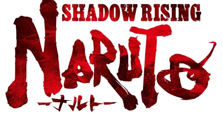 Logotipo oficial de NARUTO SHADOW RISING, com as letras de Naruto em vermelho pincelado sobre fundo branco