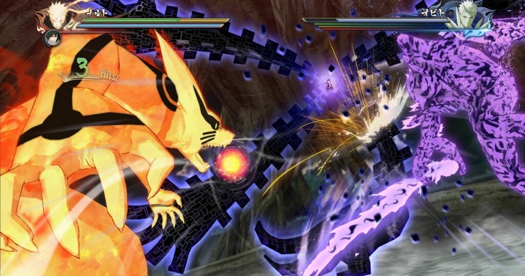 Kurama, a raposa de nove caudas, enfrenta o Susanoo roxo de Sasuke em Naruto Shippuden: Ultimate Ninja Storm 4