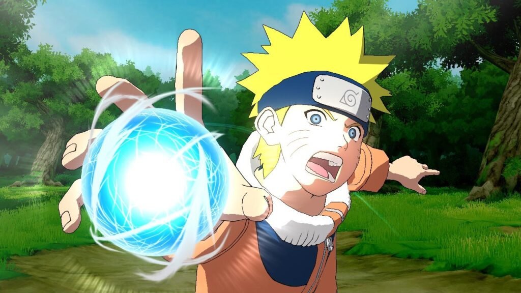 Naruto criança usa o Rasengan numa floresta em Naruto: Ultimate Ninja Storm
