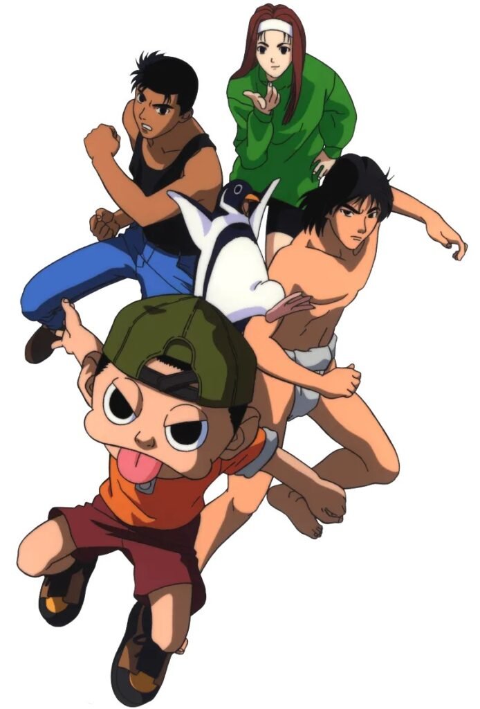 Fūsuke, de boné verde e língua de fora, salta à frente dos companheiros do Ninkū, entre eles um pinguim, na arte oficial do crossover