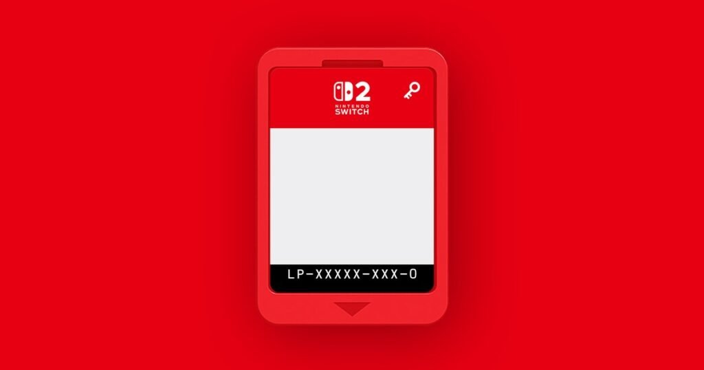 Um Game-Key Card vermelho do Nintendo Switch 2 com o ícone de chave sobre fundo vermelho, em imagem oficial da Nintendo