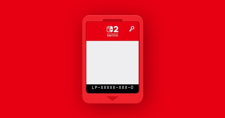 Um Game-Key Card vermelho do Nintendo Switch 2 com o ícone de chave sobre fundo vermelho, em imagem oficial da Nintendo