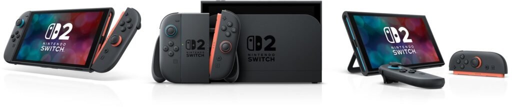O Nintendo Switch 2 nos modos portátil, TV (no dock) e mesa, com os Joy-Con 2 cinza e detalhes vermelhos, em foto oficial da Nintendo