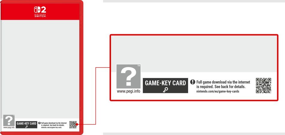 Detalhe da caixa de um jogo de Switch 2 com o selo GAME-KEY CARD e o aviso de que o download completo pela internet é obrigatório, em gráfico oficial da Nintendo