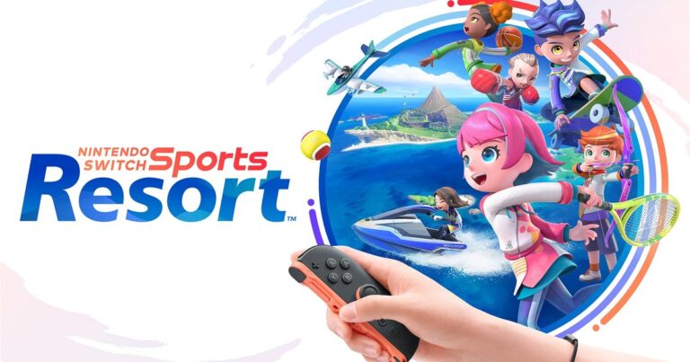 Key art oficial de Nintendo Switch Sports Resort com Sportsmates em tênis, skate, basquete, boxe, arco e jet ski na Ilha Wuhu, e uma mão segurando o Joy-Con 2
