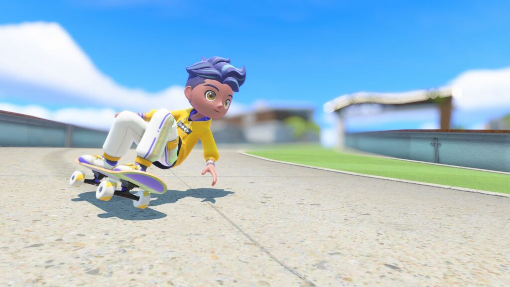 Sportsmate de cabelo roxo e azul desce de skate roxo e verde no parque do Spocco Resort, em screenshot oficial