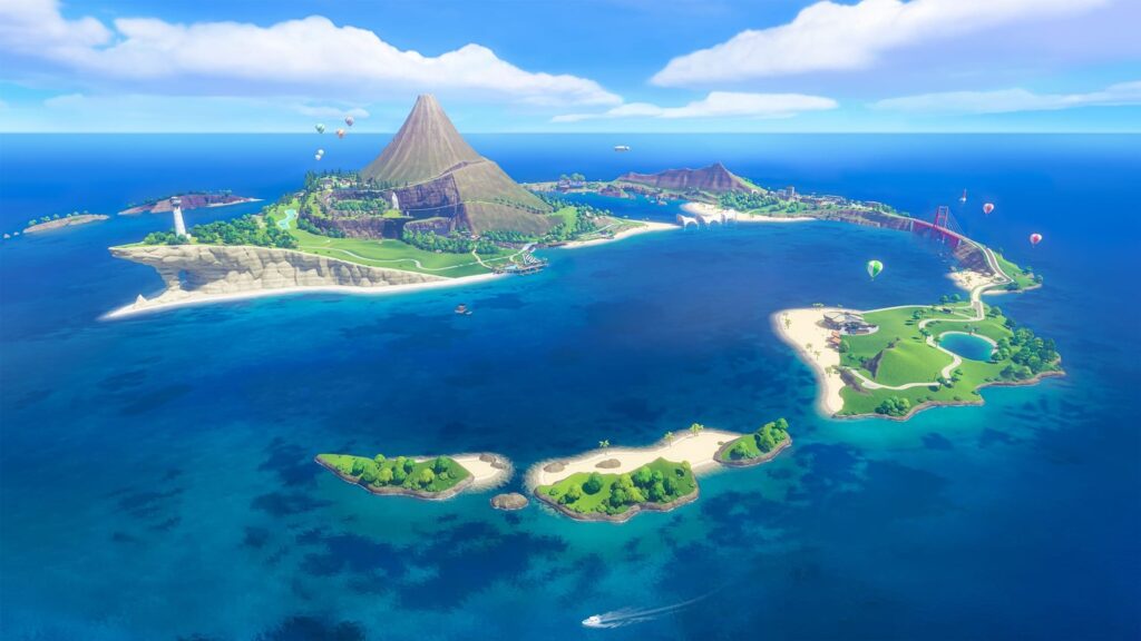 Vista aérea da Ilha Wuhu com o vulcão Maka Wuhu, praias, ponte vermelha e balões coloridos sobre o Spocco Resort
