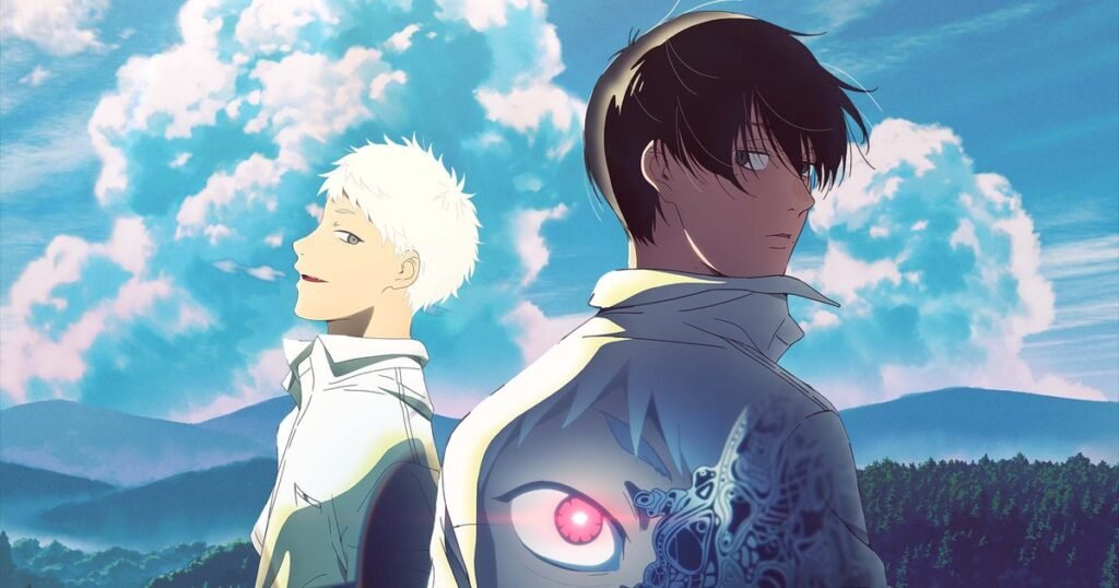 Hikaru e Yoshiki de costas um para o outro diante de nuvens de verão e montanhas, com um olho vermelho brilhando na camisa de Yoshiki, no key visual do anime O Verão em que Hikaru Morreu