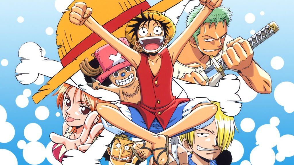 Luffy, Zoro, Nami, Usopp, Sanji e Chopper comemoram juntos na arte oficial do Anime One Piece