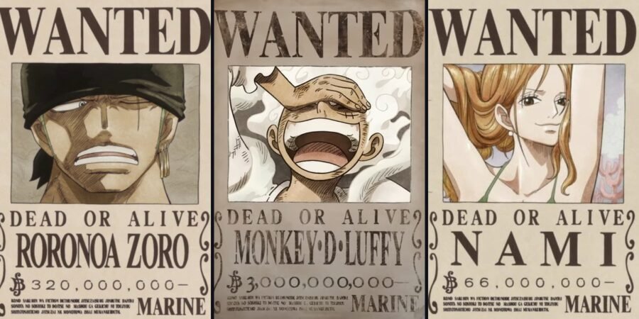 Cartazes de procurado de Roronoa Zoro, Monkey D. Luffy (3 bilhões de berries) e Nami, de One Piece, lado a lado