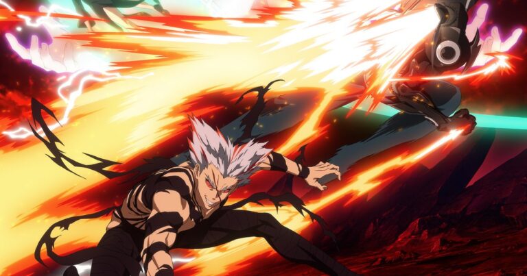 Key visual oficial da parte 2 da 3ª temporada de One-Punch Man: Garou em posição de ataque e Genos disparando, sob explosão de fogo