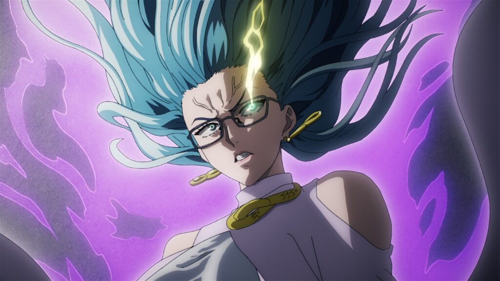 Cena da PV 1 da parte 2: Psykos, de óculos, com o cabelo flutuando e aura psíquica roxa