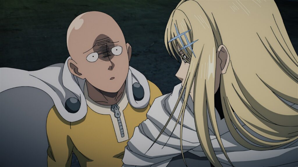 Cena da PV 1 da parte 2: Saitama, com uma mancha escura no rosto, olha surpreso para Flashy Flash
