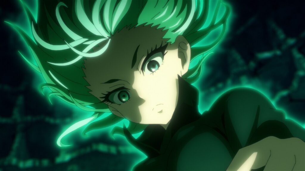 Cena da PV 1 da parte 2: Tatsumaki com o cabelo verde brilhando de energia psíquica