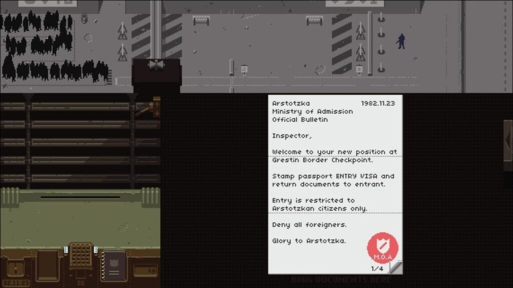 A cabine do fiscal de fronteira em Papers, Please (captura oficial da Steam)