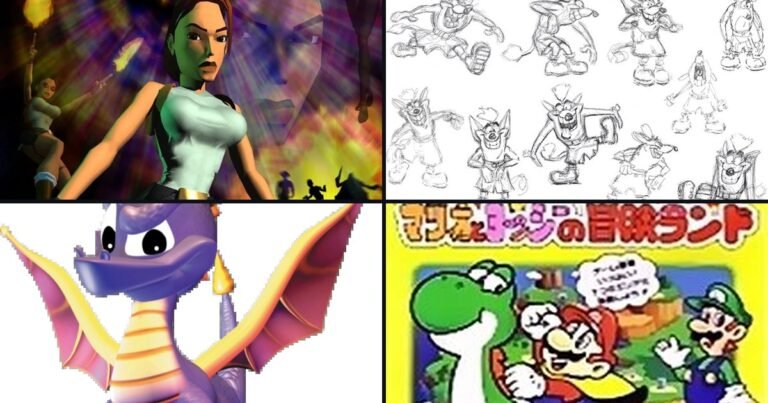 Lara Croft de 1996, arte conceitual de Willie Wombat (o Crash Bandicoot original), Spyro de 1998 e Yoshi na caixa japonesa de Super Mario World