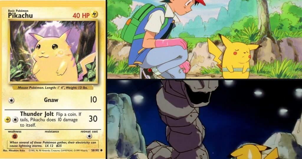 Carta do Pikachu do Base Set de Pokémon TCG ao lado de Ash e Pikachu no episódio 1 e do Pikachu contra Onix