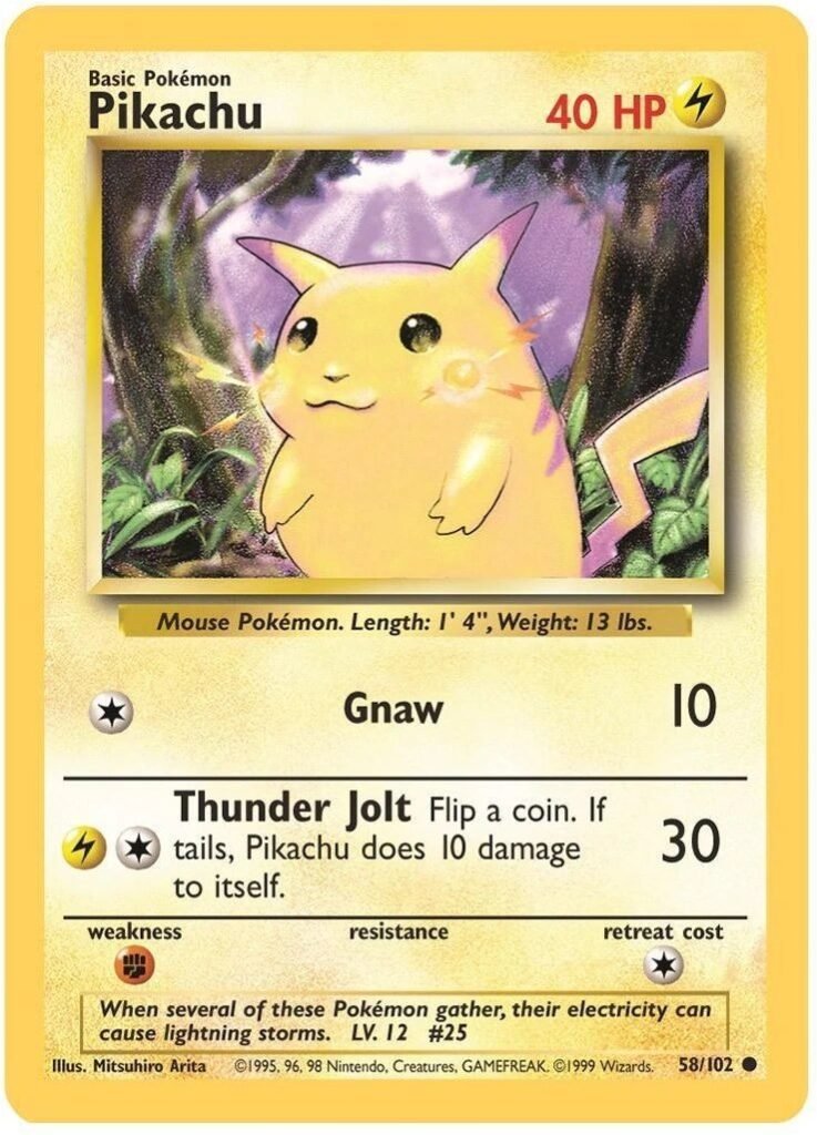 Carta de Pikachu da primeira coleção (Base Set) do Pokémon Estampas Ilustradas