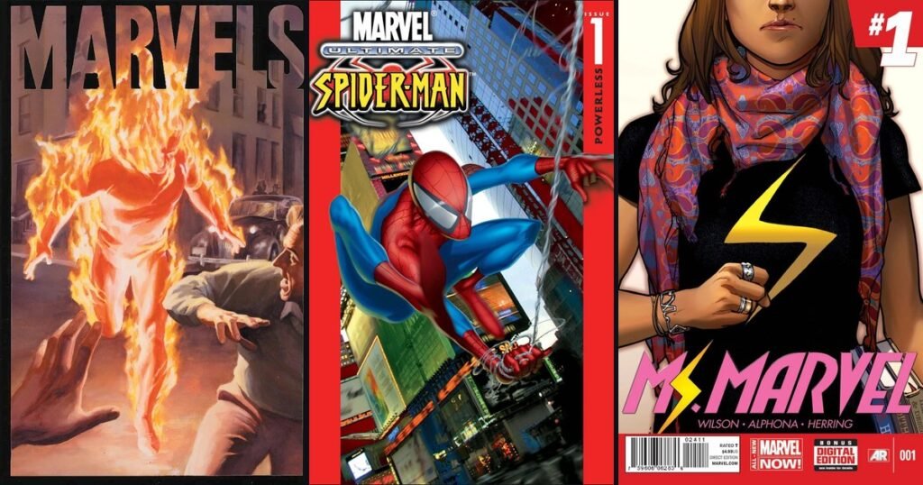 Capas de Marvels nº 1, Ultimate Spider-Man nº 1 e Ms. Marvel nº 1 (Kamala Khan), lado a lado