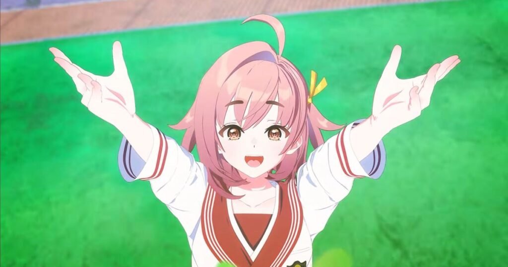 Himawari, de cabelo rosa e uniforme escolar, abre os braços num campo verde na arte oficial de Rainy Day, Sunny Girl