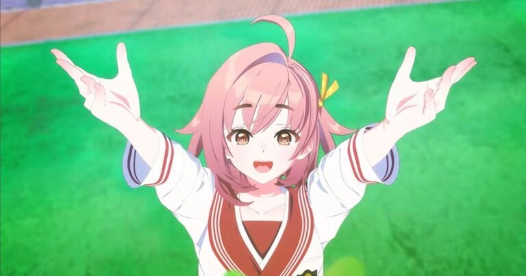 Himawari, de cabelo rosa e uniforme escolar, abre os braços num campo verde na arte oficial de Rainy Day, Sunny Girl