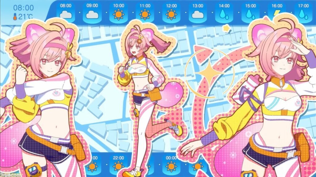 Himawari em três poses sobre um mapa do clima do Japão na arte oficial de Rainy Day, Sunny Girl