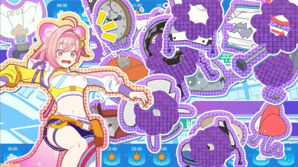 Himawari cerca de objetos voadores e nuvens roxas de lixo yokai na arte oficial de Rainy Day, Sunny Girl
