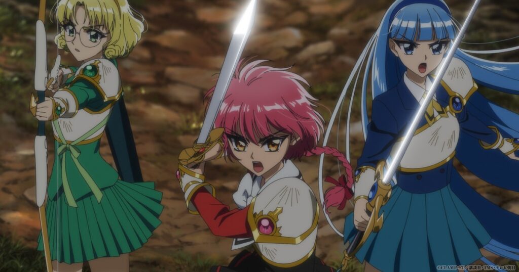Fuu com o arco e Hikaru e Umi com espadas, prontas para lutar numa floresta, em cena oficial do episódio 3 do novo anime de Guerreiras Mágicas de Rayearth