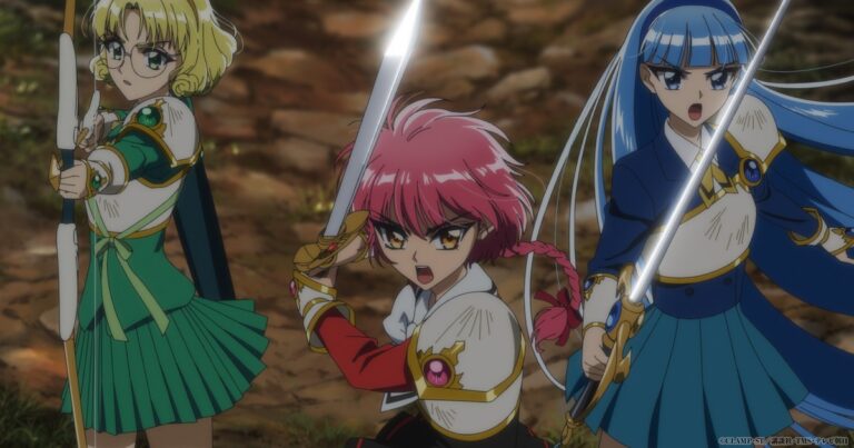 Fuu com o arco e Hikaru e Umi com espadas, prontas para lutar numa floresta, em cena oficial do episódio 3 do novo anime de Guerreiras Mágicas de Rayearth