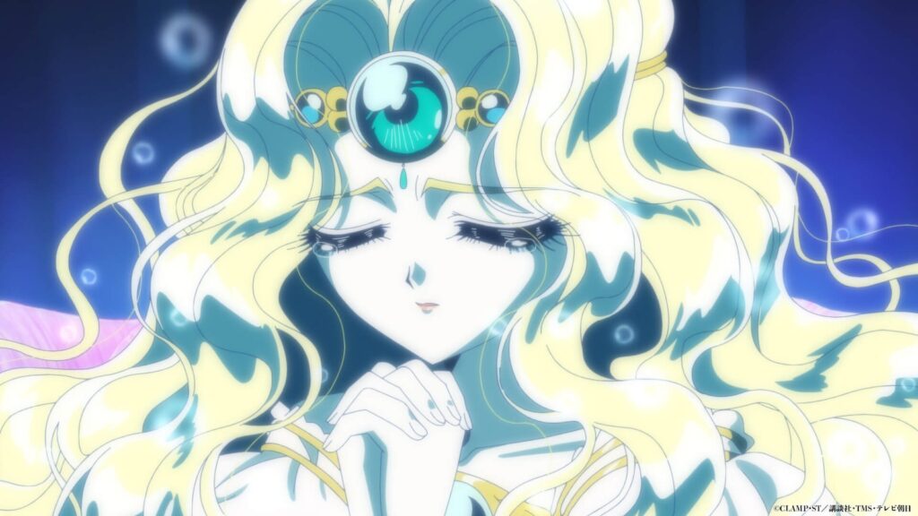 Princesa Emeraude, de olhos fechados e cabelos loiros longos, em cena oficial do episódio 1 do novo anime de Rayearth
